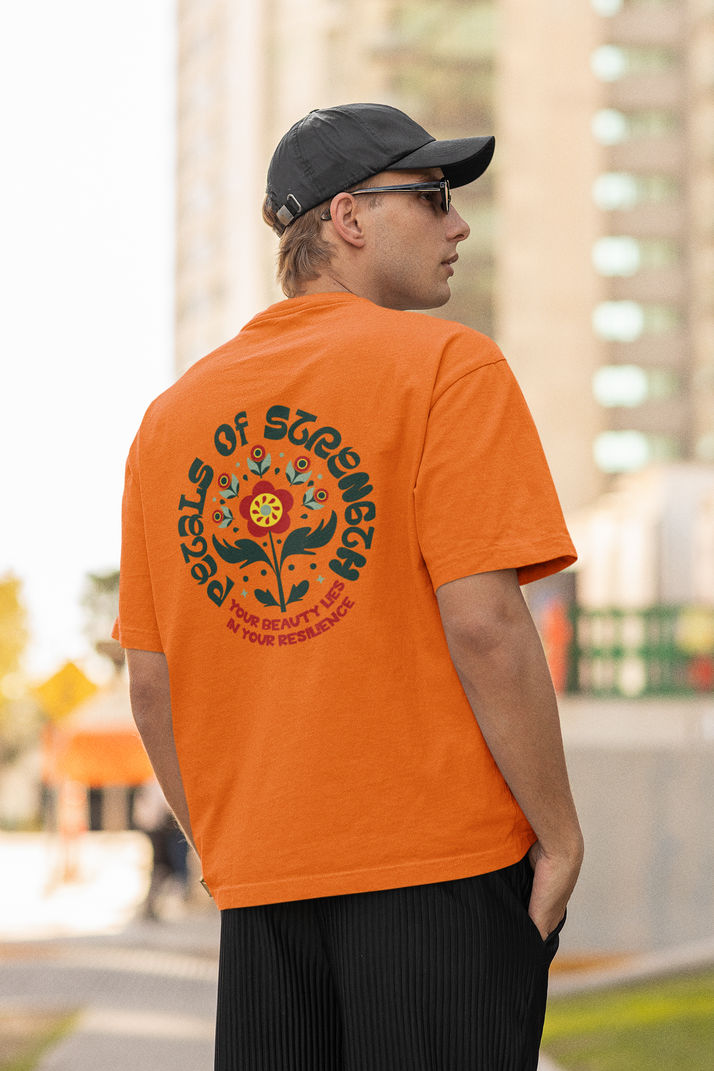 Petals of strength half sleeve orange oversized t-shirt for men by hello swanky