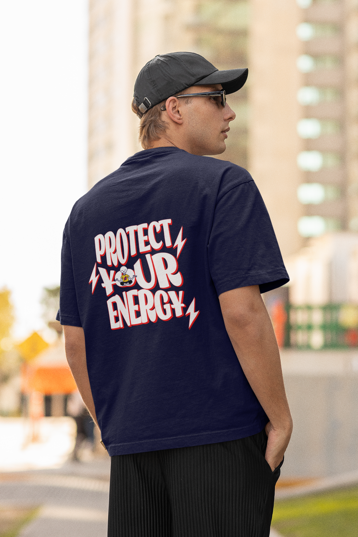 Protect Energy Navy Blue Oversized T-Shirt Trendy Tee Look