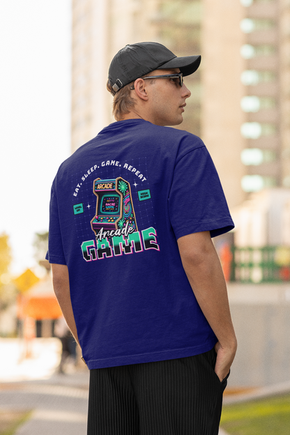 EAT, SLEEP, GAME Half Sleeve Navy Blue Oversized T-Shirt for Men by Hello Swanky