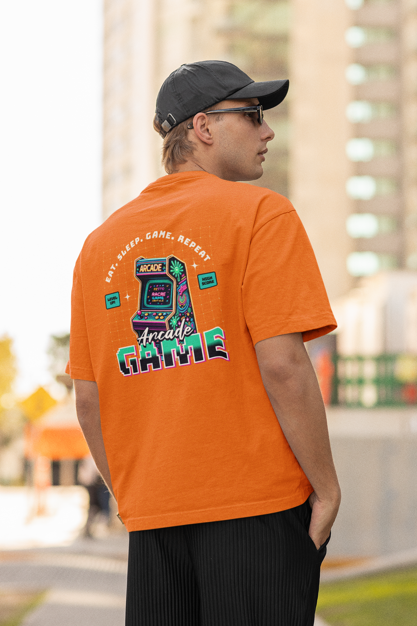 EAT, SLEEP, GAME Half Sleeve Orange Oversized T-Shirt for Men by Hello Swanky