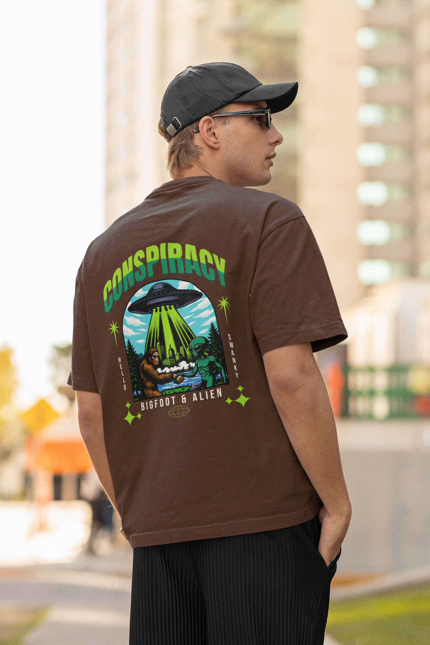 Bigfoot & Alien Unisex Brown Oversized T-Shirt