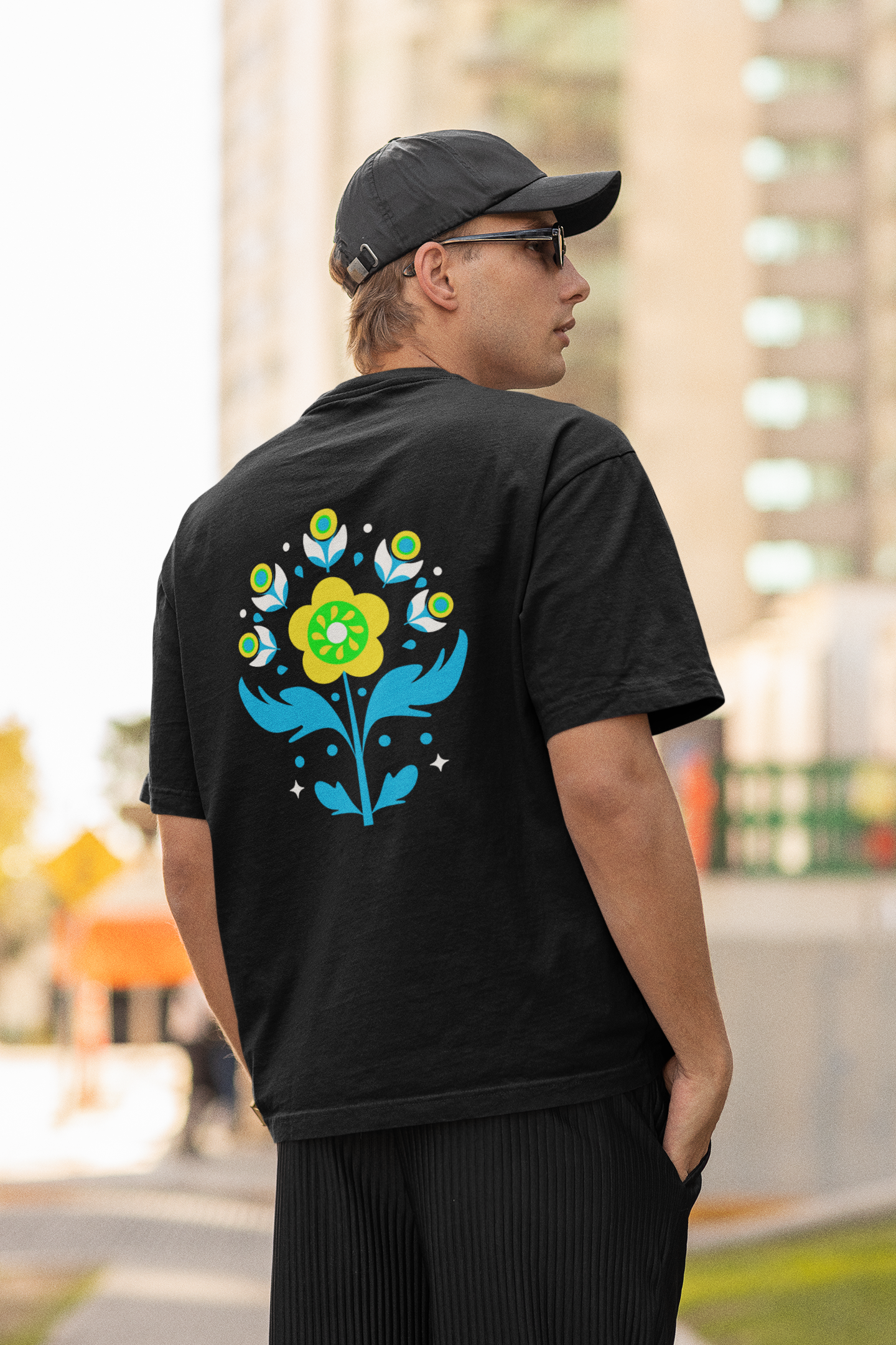 Petals of strength half sleeve black oversized t-shirt for men hello swanky
