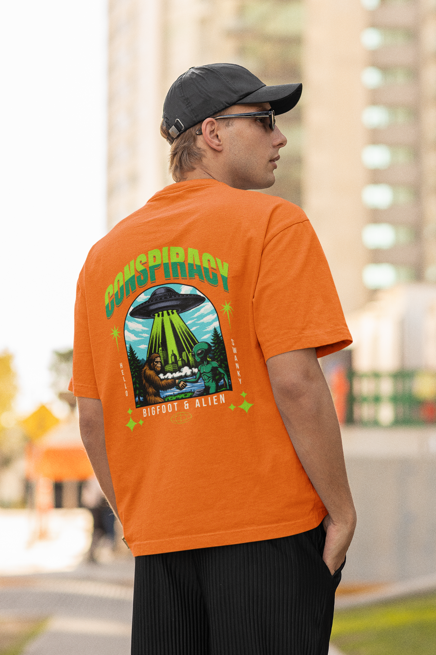 Bigfoot & Alien Unisex Orange Oversized T-Shirt