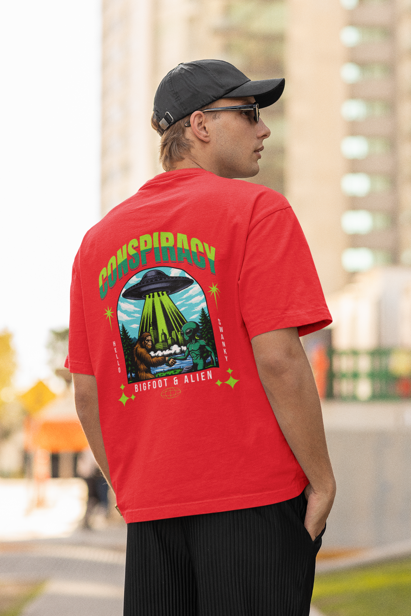 Bigfoot & Alien Unisex Red Oversized T-Shirt