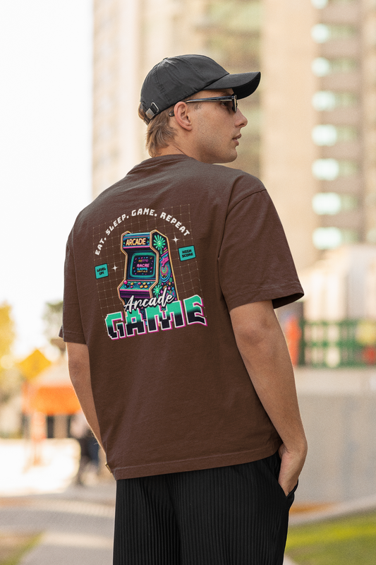 EAT, SLEEP, GAME Half Sleeve Brown Oversized T-Shirt for Men by Hello Swanky