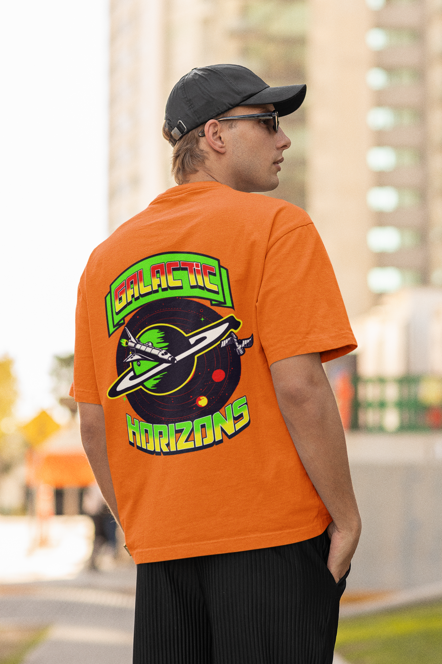 Galactic horizons unisex orange oversized t-shirt