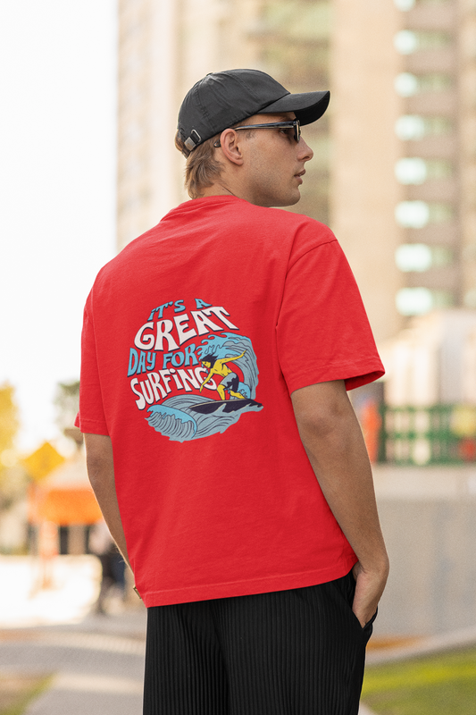 Great day half sleeve red oversized t-shirt for men by hello swanky