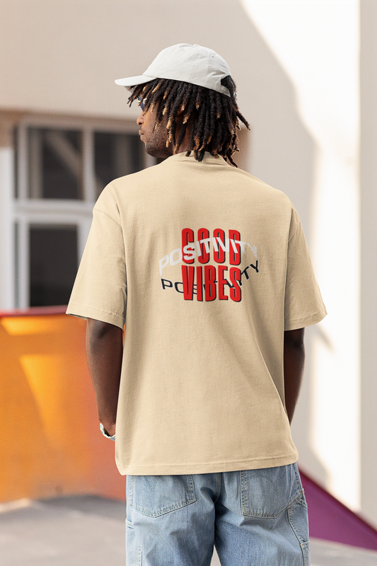 Good Vibes Half Sleeve Beige Oversized T-Shirt for Men