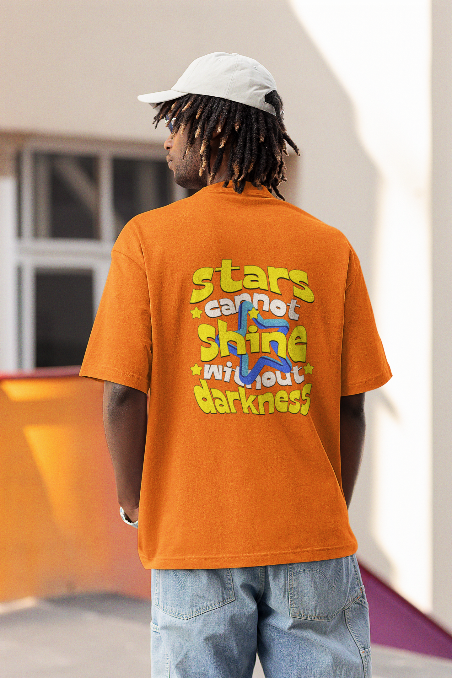 Shining star half sleeve orange oversized t-shirt for men by hello swanky