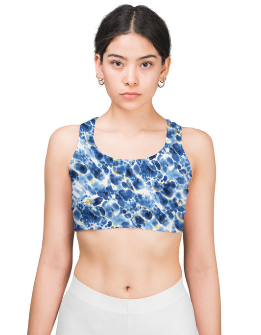 Blue Watercolor Print Sports Bra for Women Comfortable & Chic