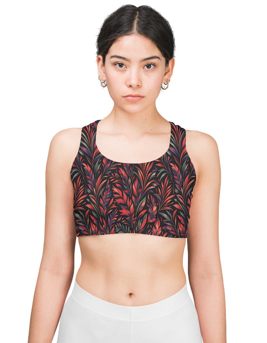 Red Botanical Print Sports Bra for Women