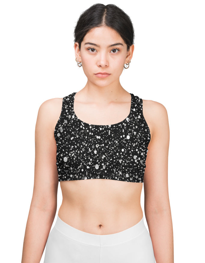 Black White Splatter Print Sports Bra for Women