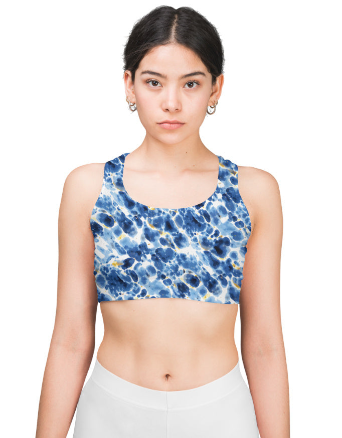 Blue Watercolor Print Sports Bra for Women