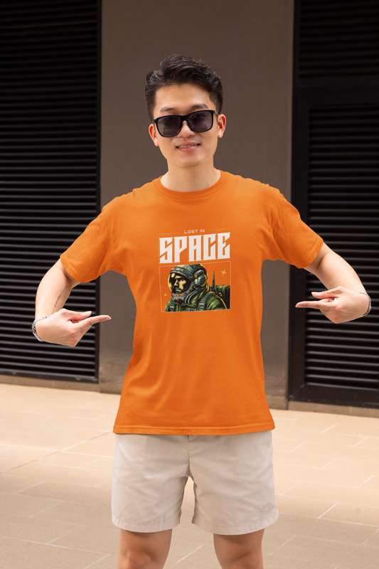 Lost In Space Orange Round Neck T-Shirt Men Space Streetwear