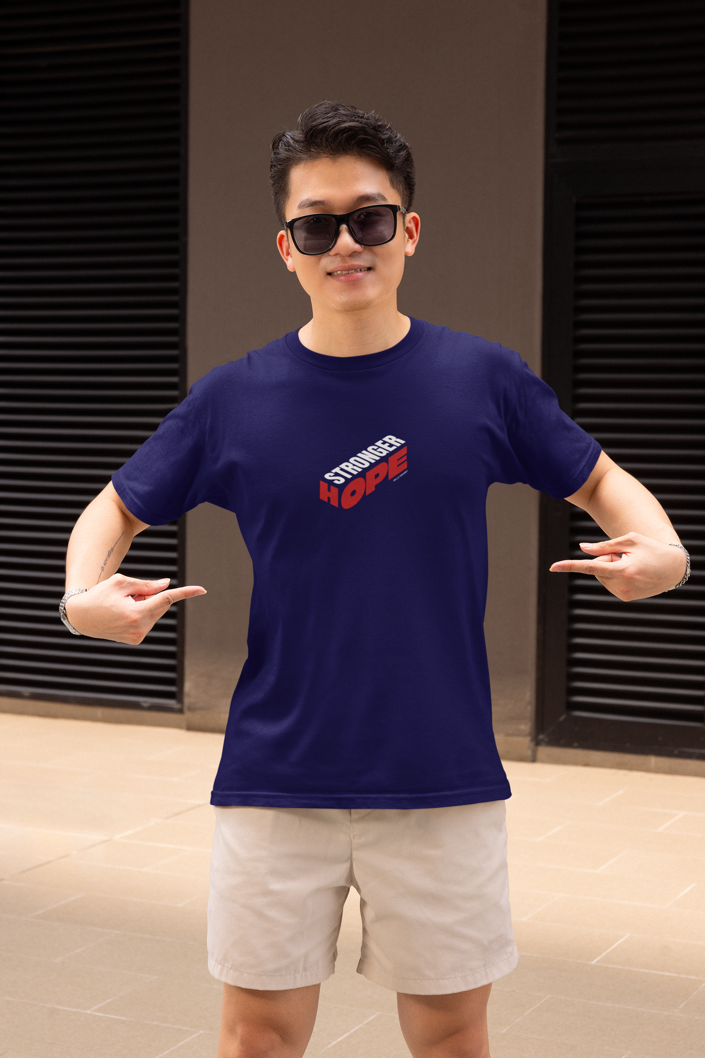 Strong hope half sleeve navy blue round neck t-shirt for men hello swanky - s
