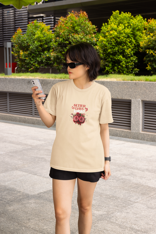 Better days ahead half sleeve beige round neck t-shirt for women by hello