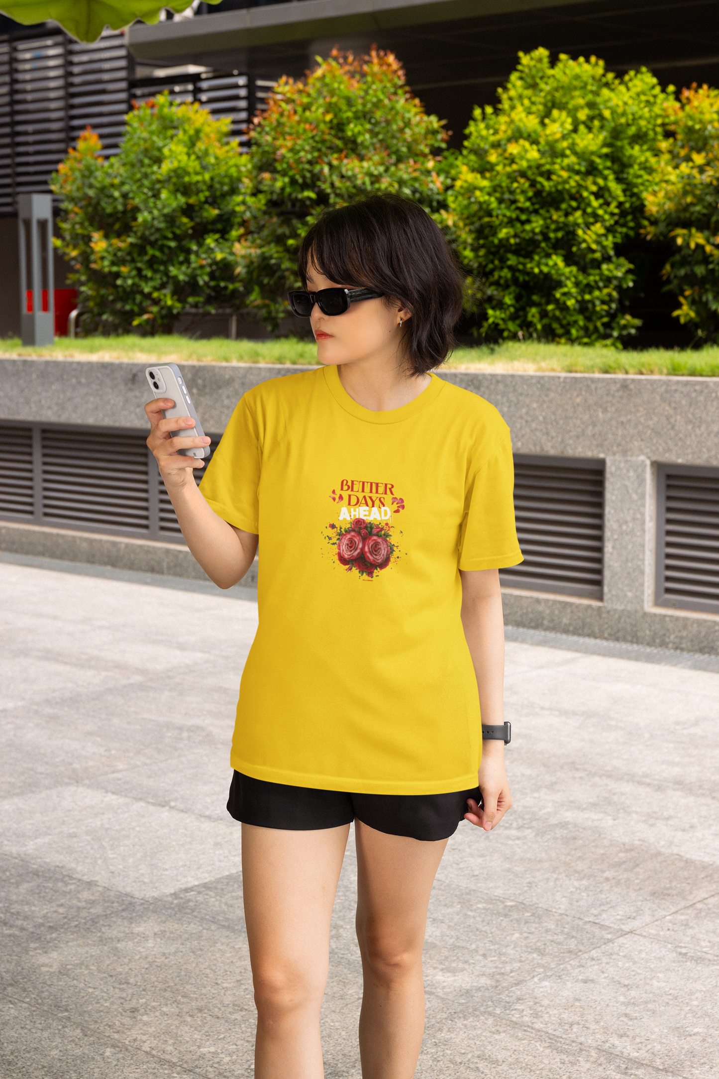 Better days ahead half sleeve yellow round neck t-shirt for women by hello
