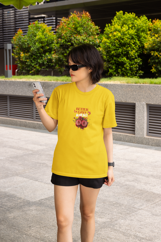 Better days ahead half sleeve yellow round neck t-shirt for women by hello