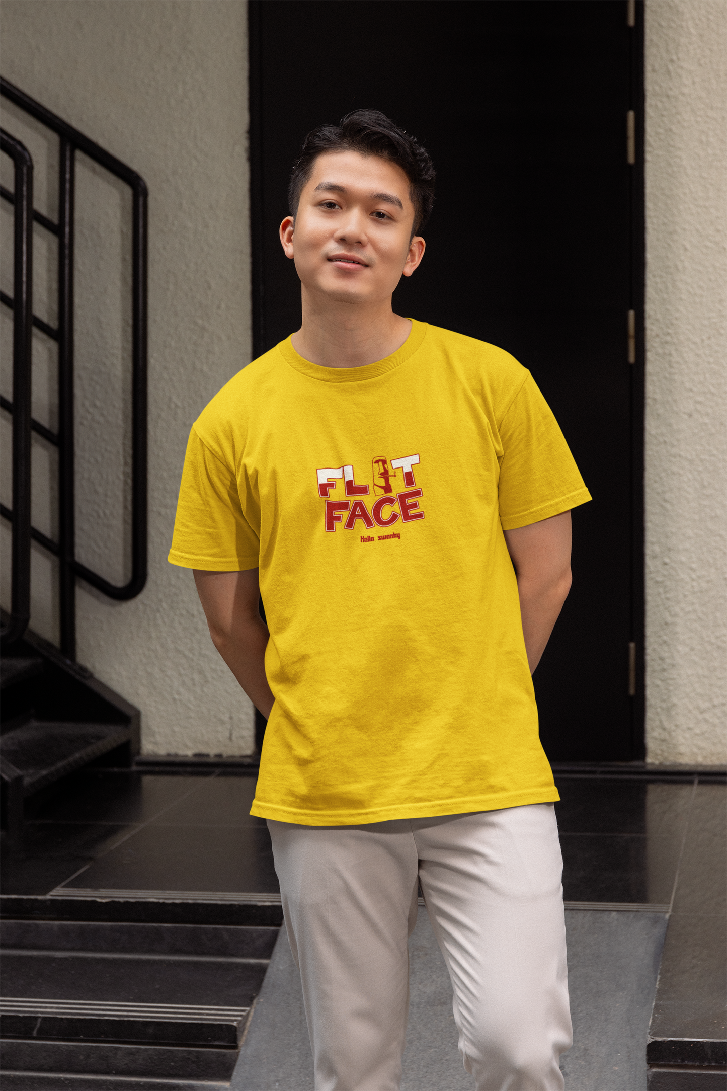 Flat face half sleeve yellow round neck t-shirt for men by hello swanky - s