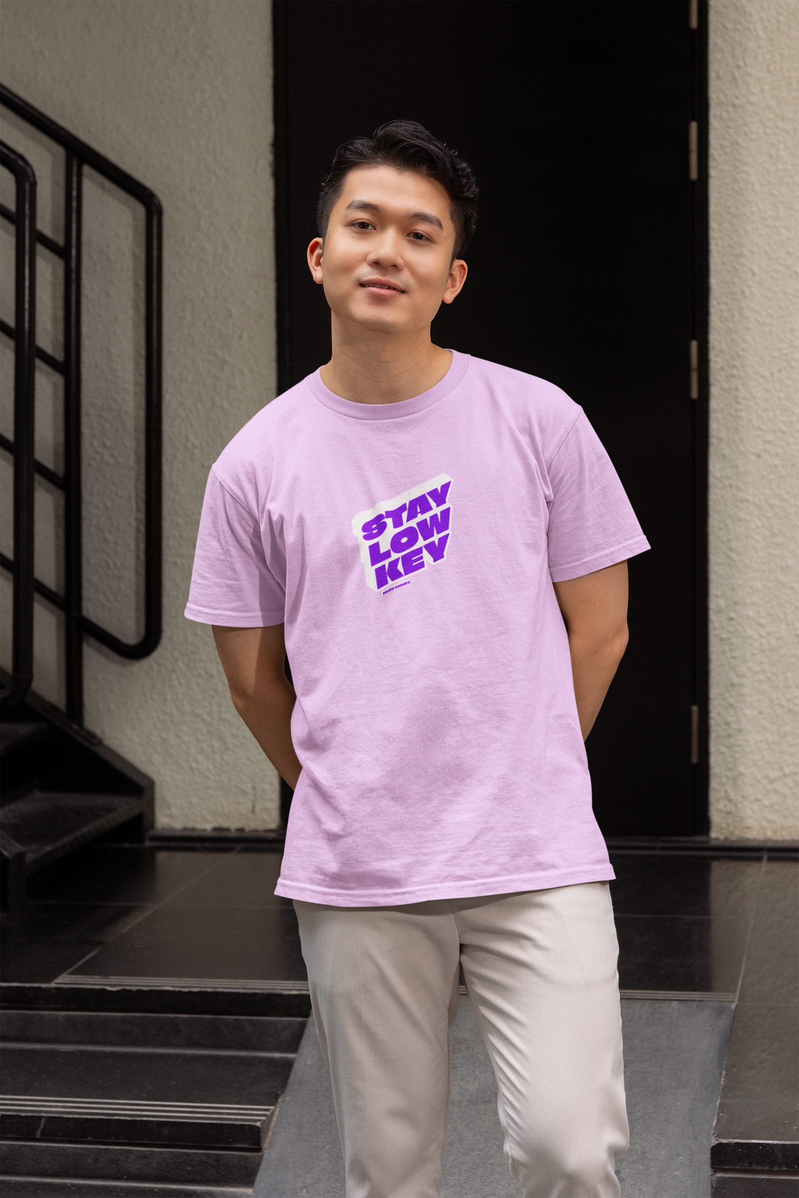 Low key half sleeve lavender round neck t-shirt for men hello swanky - s