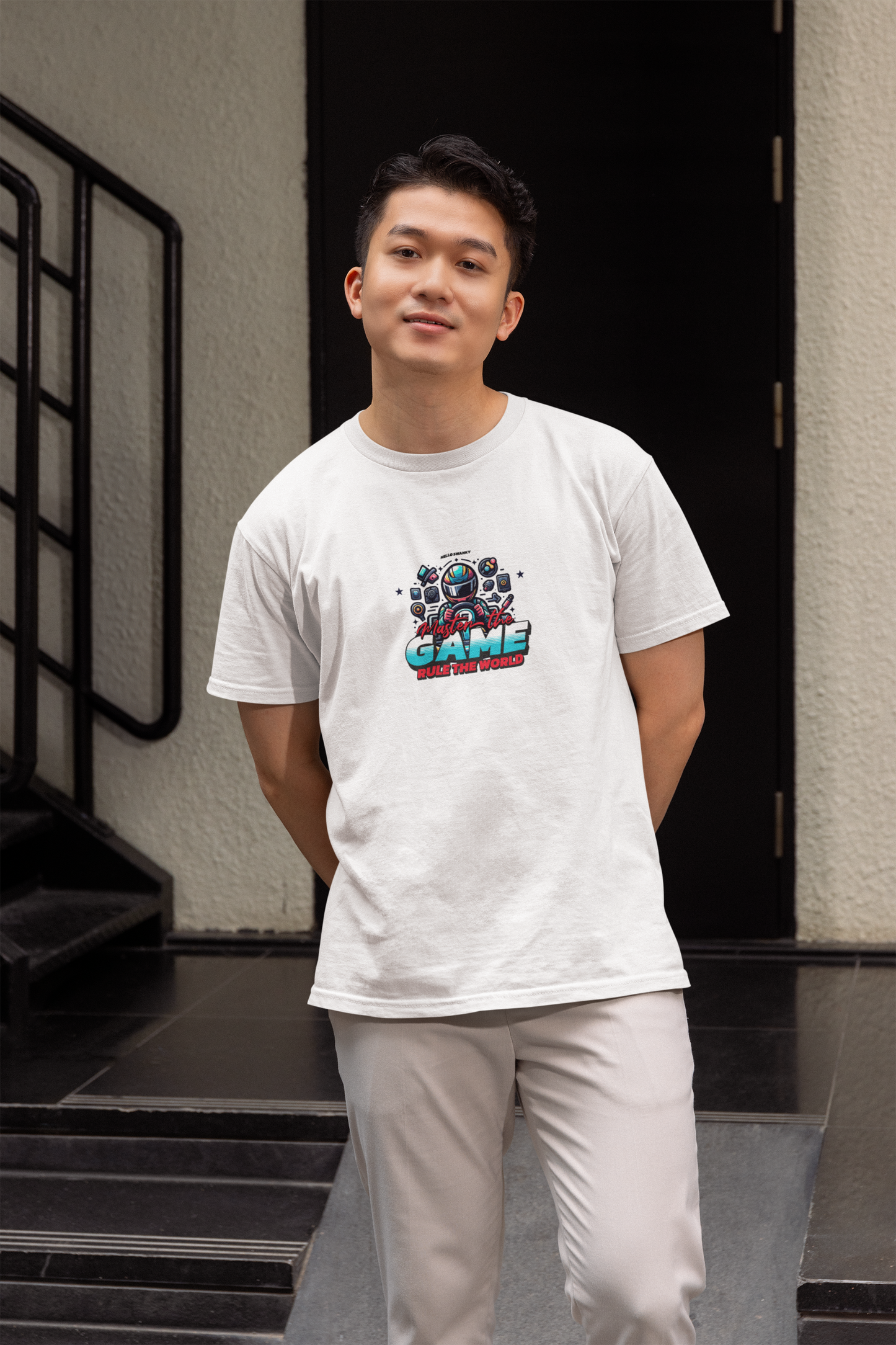 Master game half sleeve white round neck t-shirt for men hello swanky - s