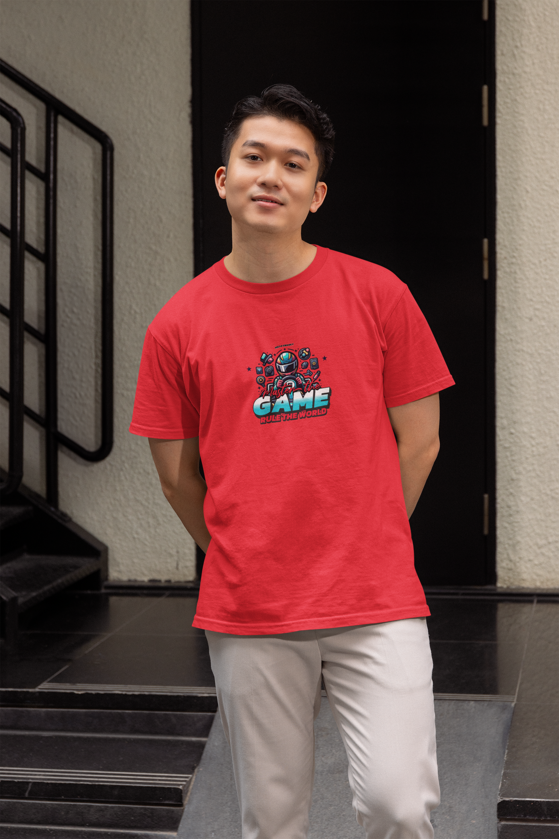 Master game half sleeve red round neck t-shirt for men hello swanky - s