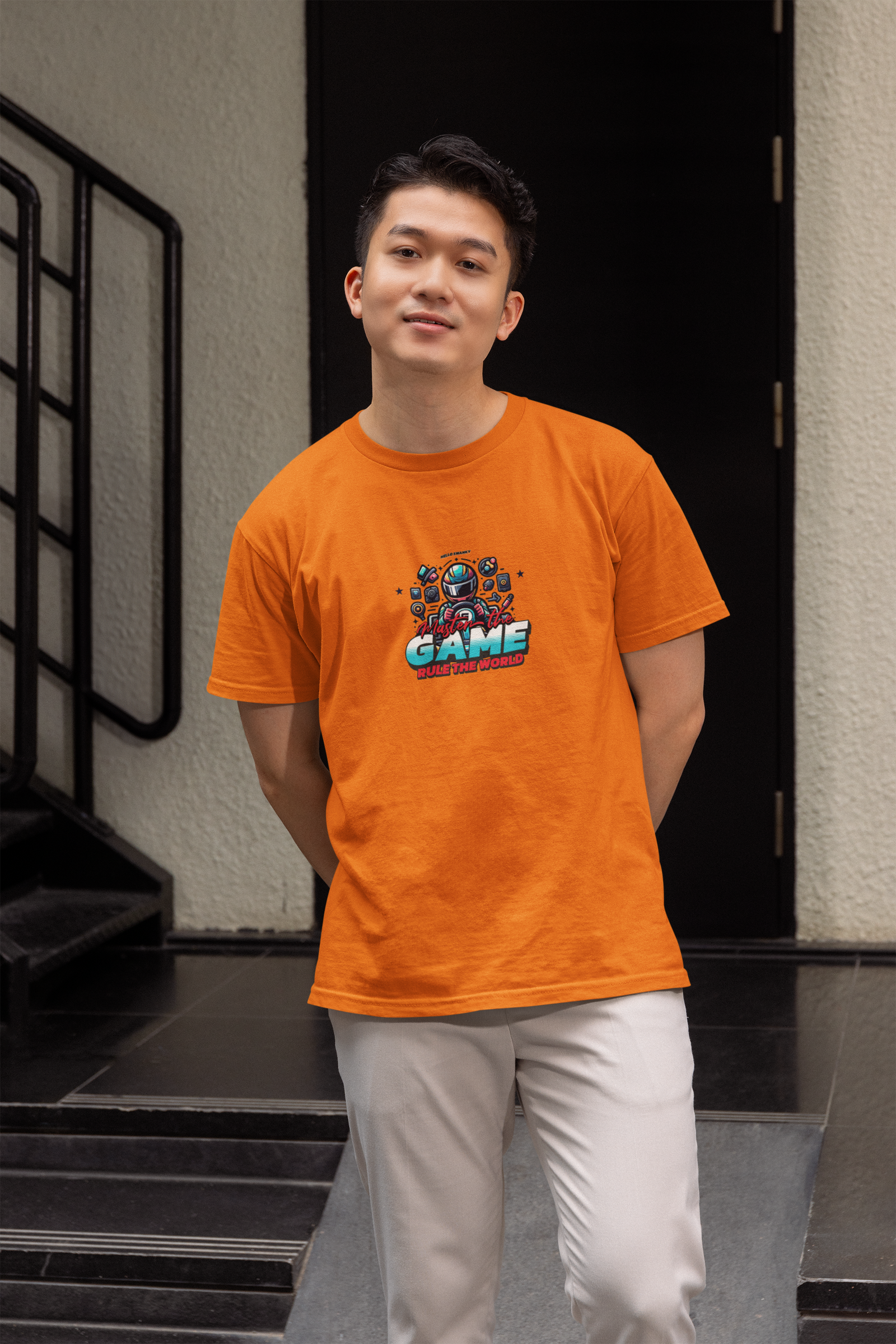 Master game half sleeve orange round neck t-shirt for men hello swanky - s