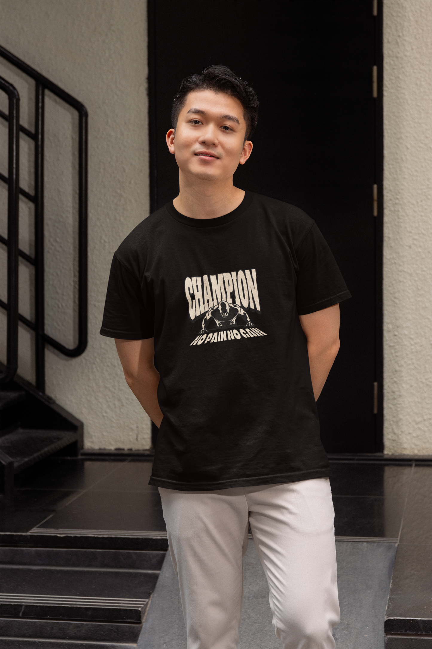 Champion half sleeve black round neck t-shirt for men by hello swanky - s