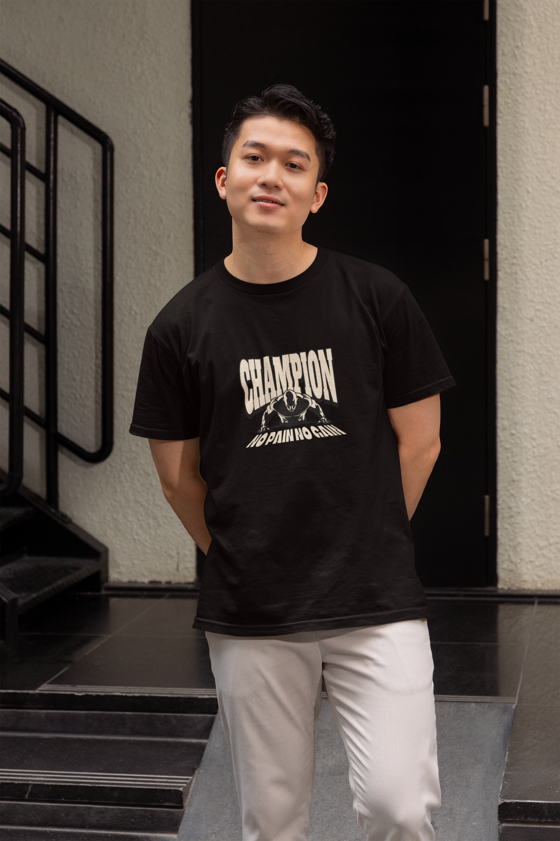 Champion half sleeve black round neck t-shirt for men by hello swanky - s