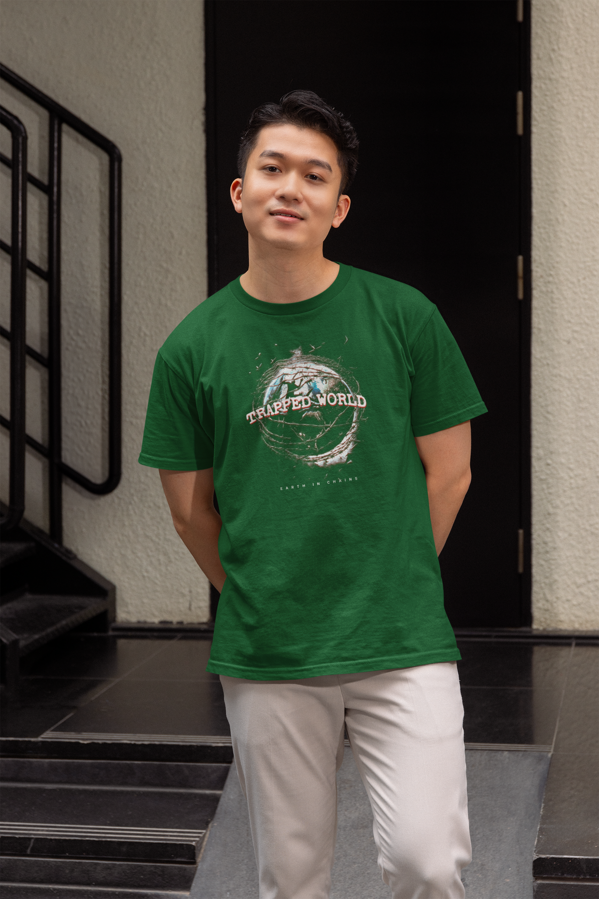 Trapped World  Half Sleeve Bottle Green Round Neck T-Shirt for Men by Hello Swanky