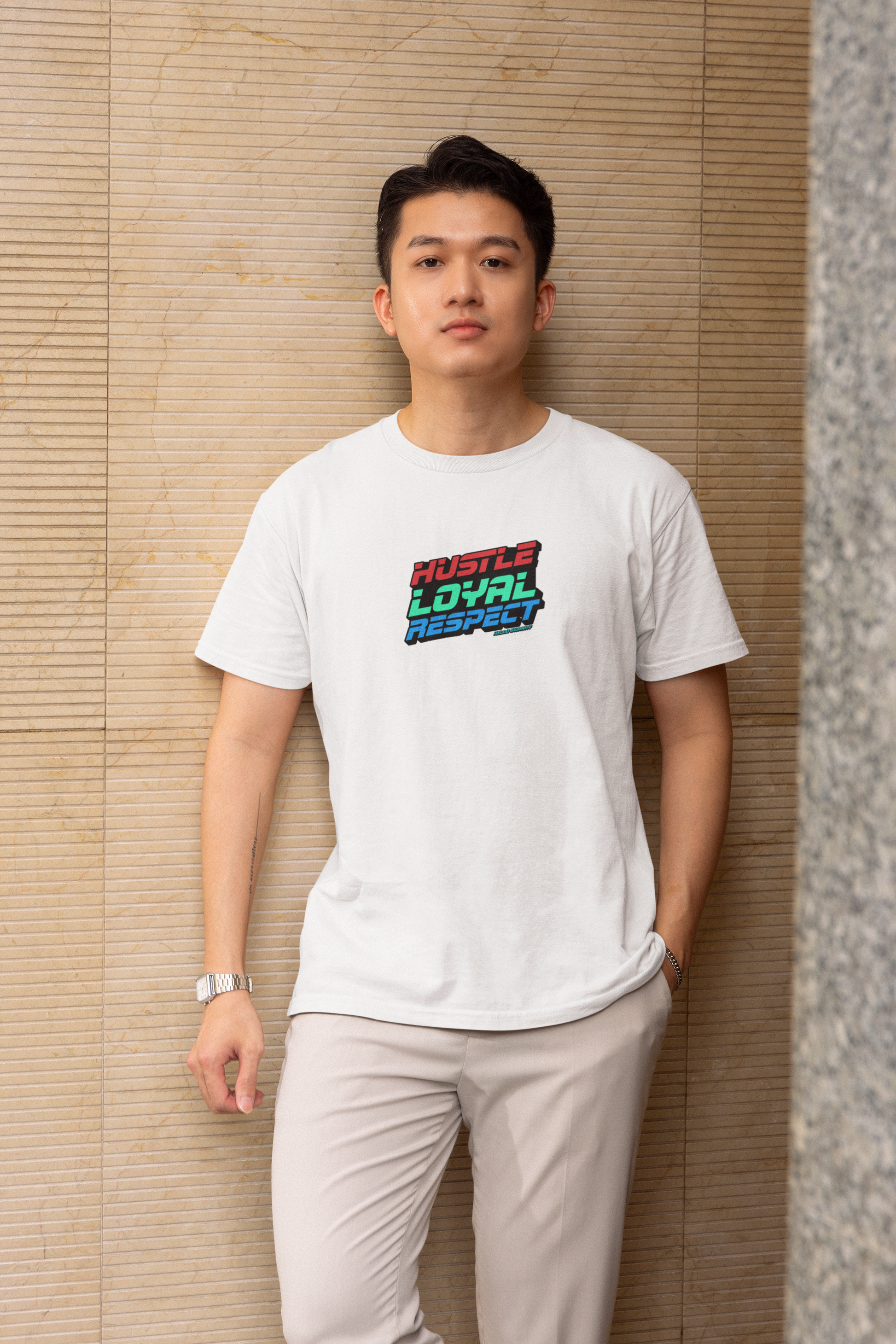 Hustle loyal respect half sleeve white round neck t-shirt for men hello swanky