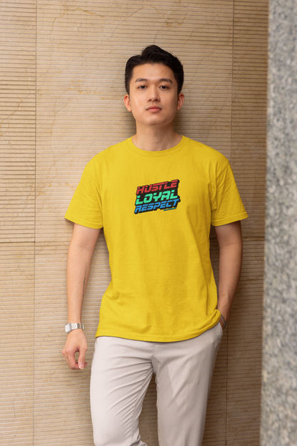 Hustle loyal respect half sleeve yellow round neck t-shirt for men hello swanky