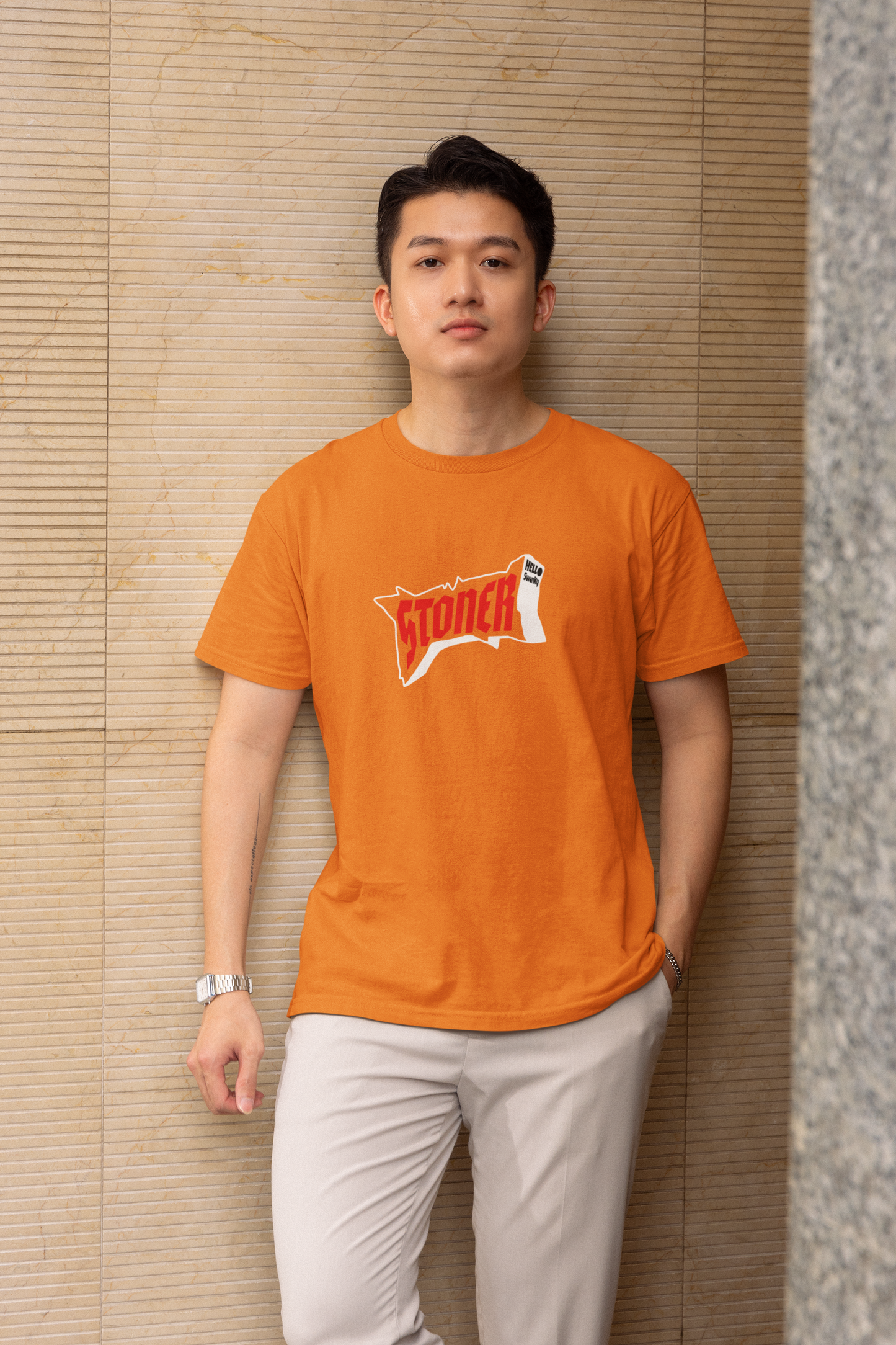 Stoner Orange Round Neck T-Shirt Half Sleeve Daily Wear Tee