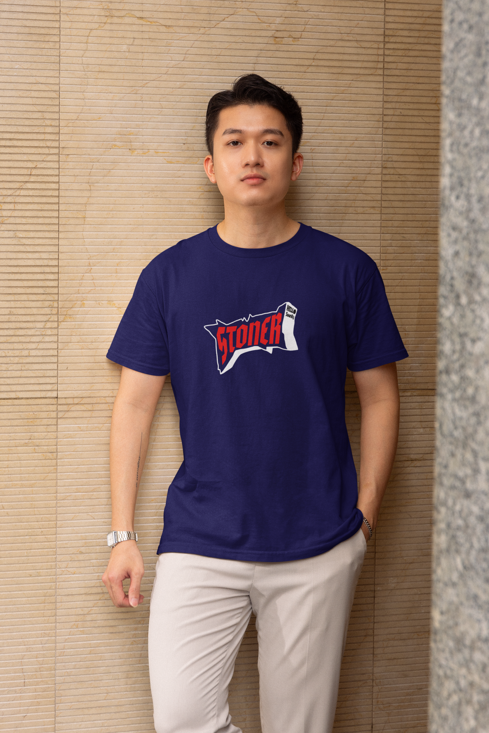 Stoner Half Sleeve Navy Blue Round Neck T-Shirt Casual Wear