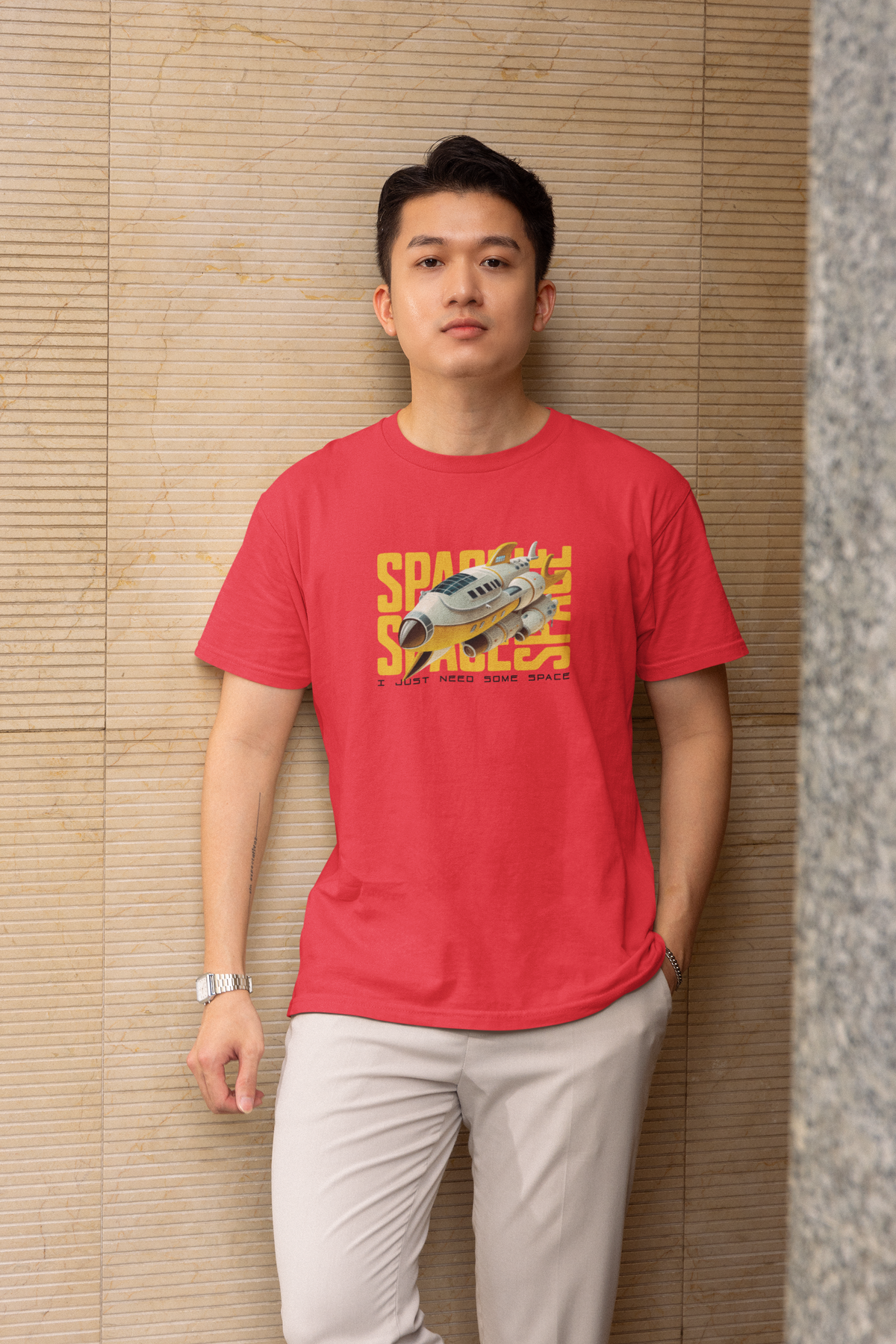 Just Need Some Space Half Sleeve Red Round Neck T-Shirt for Men by Hello Swanky