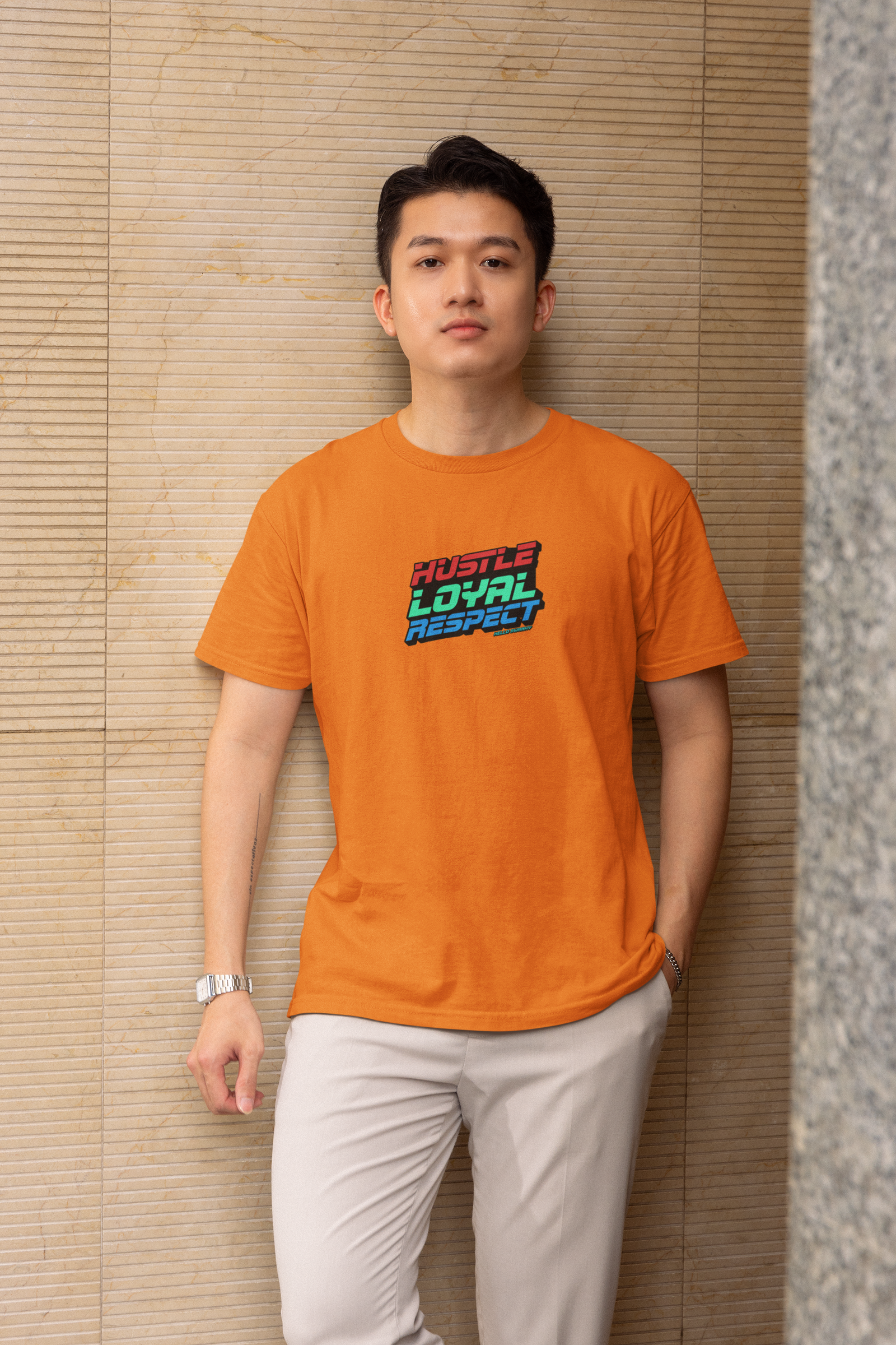 Hustle loyal respect half sleeve orange round neck t-shirt for men hello swanky