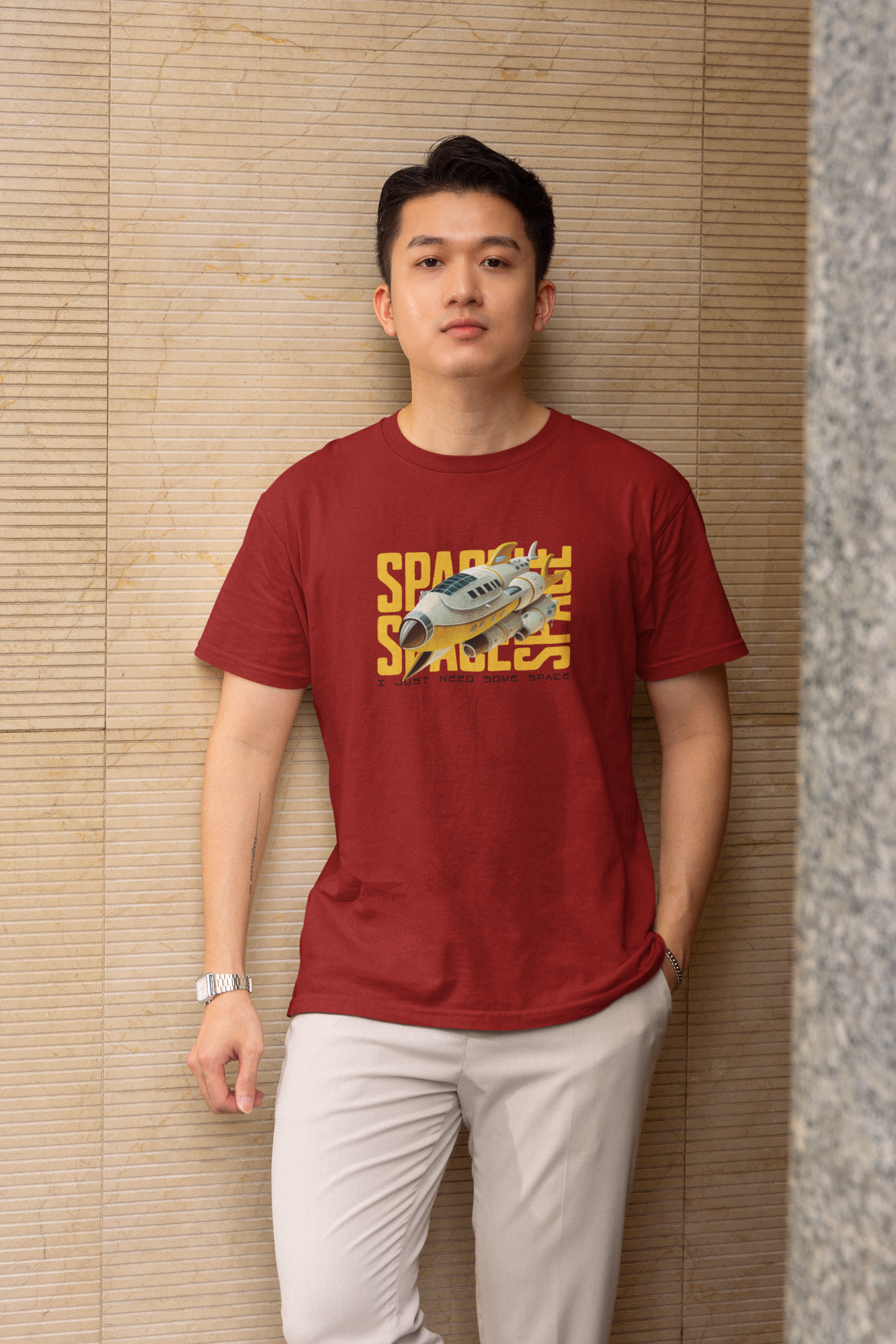 Just Need Some Space Half Sleeve Maroon Round Neck T-Shirt for Men by Hello Swanky