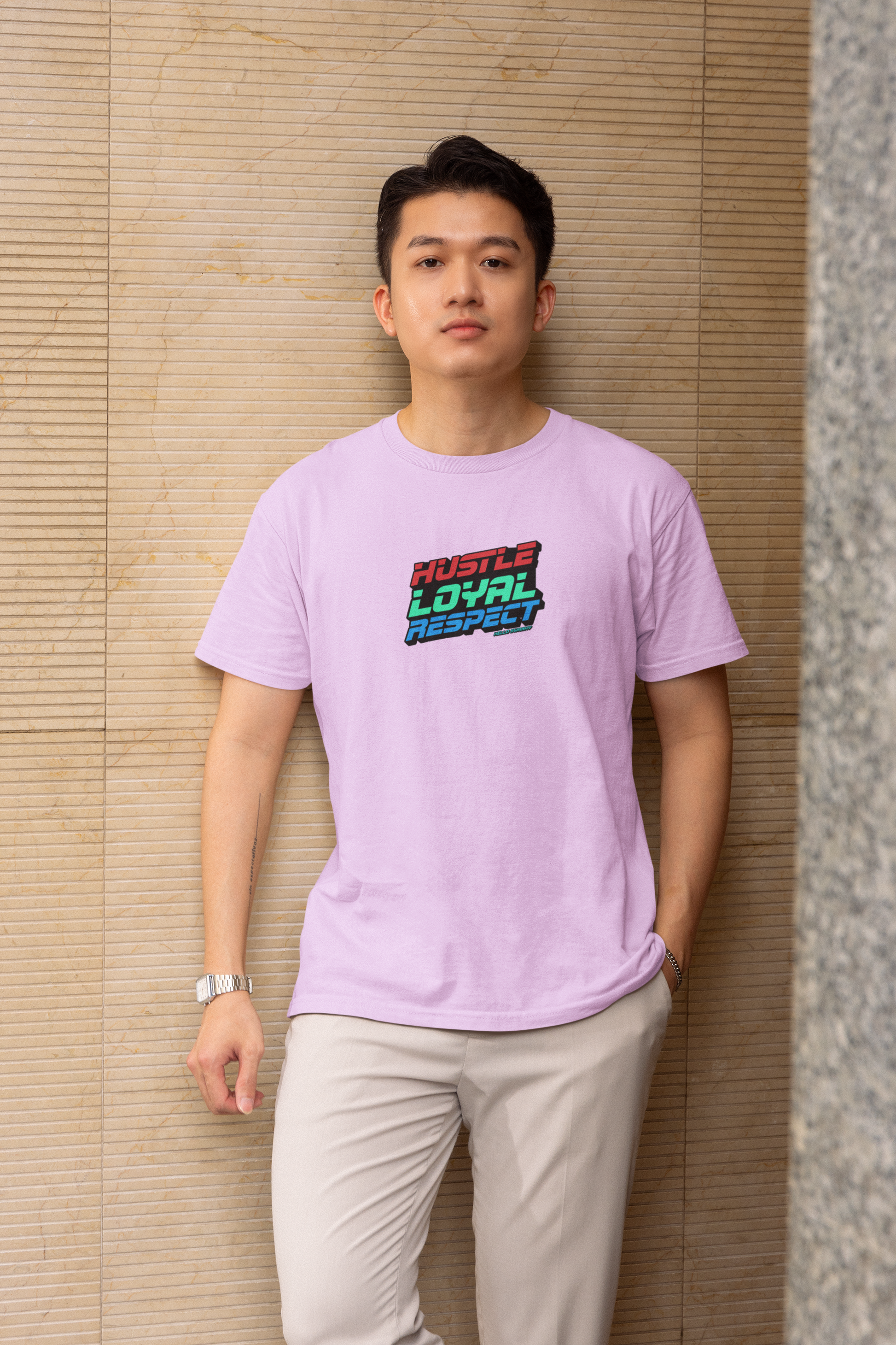 Hustle loyal respect half sleeve lavender round neck t-shirt for men hello