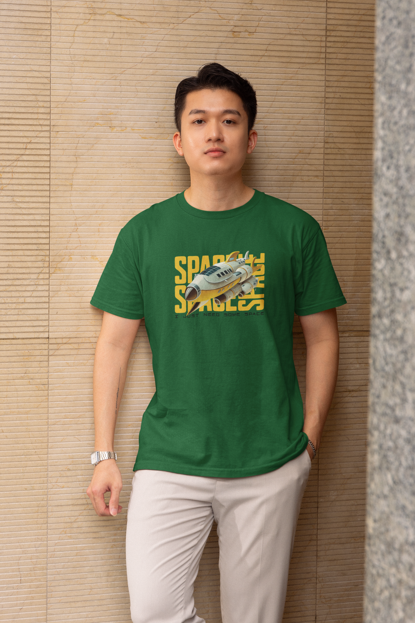 Just Need Some Space Half Sleeve Bottle Green Round Neck T-Shirt | Bold Design