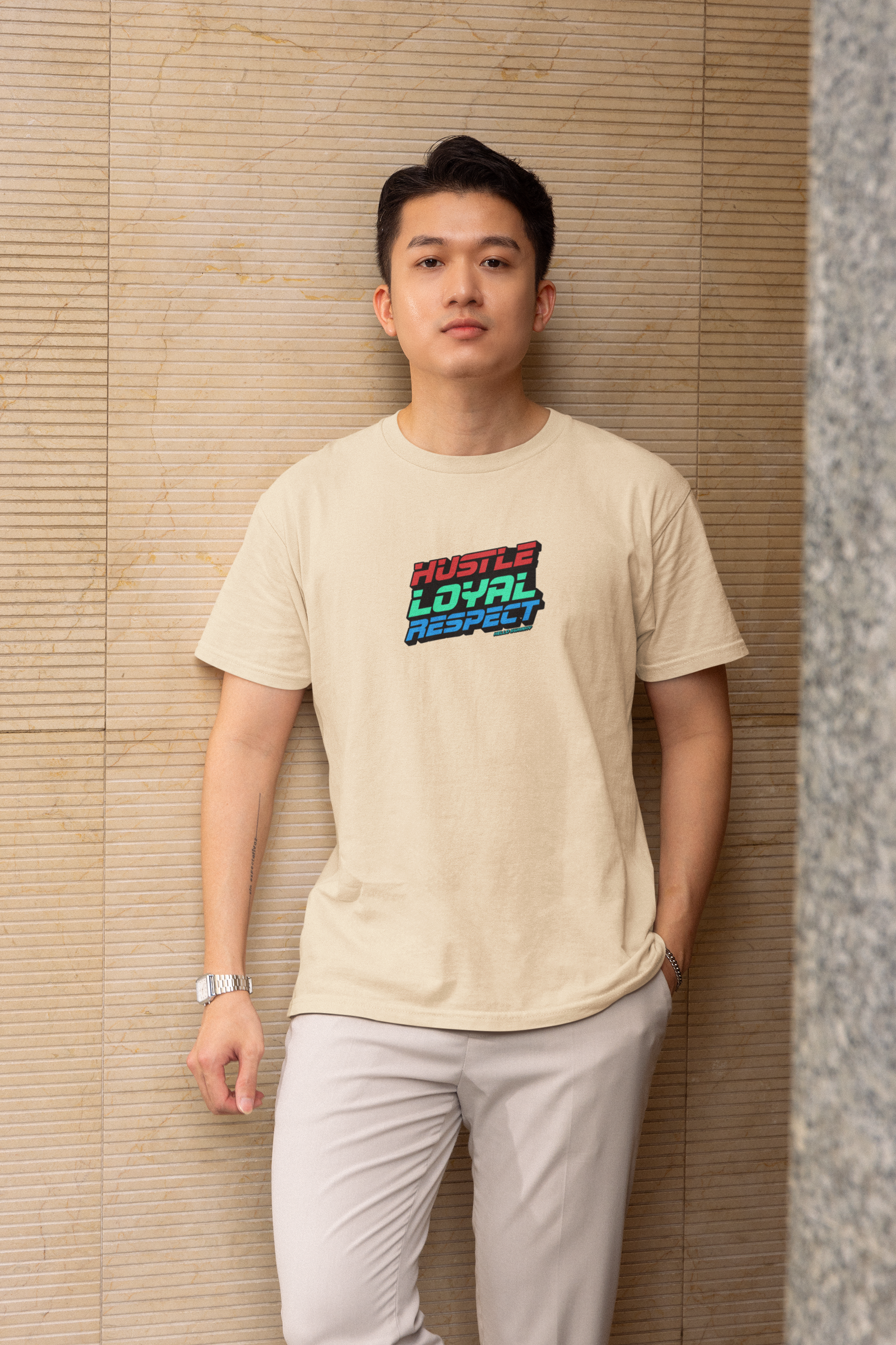Hustle loyal respect half sleeve beige round neck t-shirt for men hello swanky
