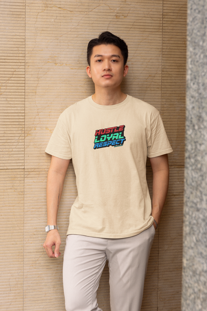 Hustle loyal respect half sleeve beige round neck t-shirt for men hello swanky