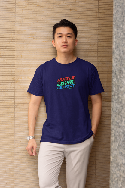 Hustle loyal respect half sleeve navy blue round neck t-shirt for men hello