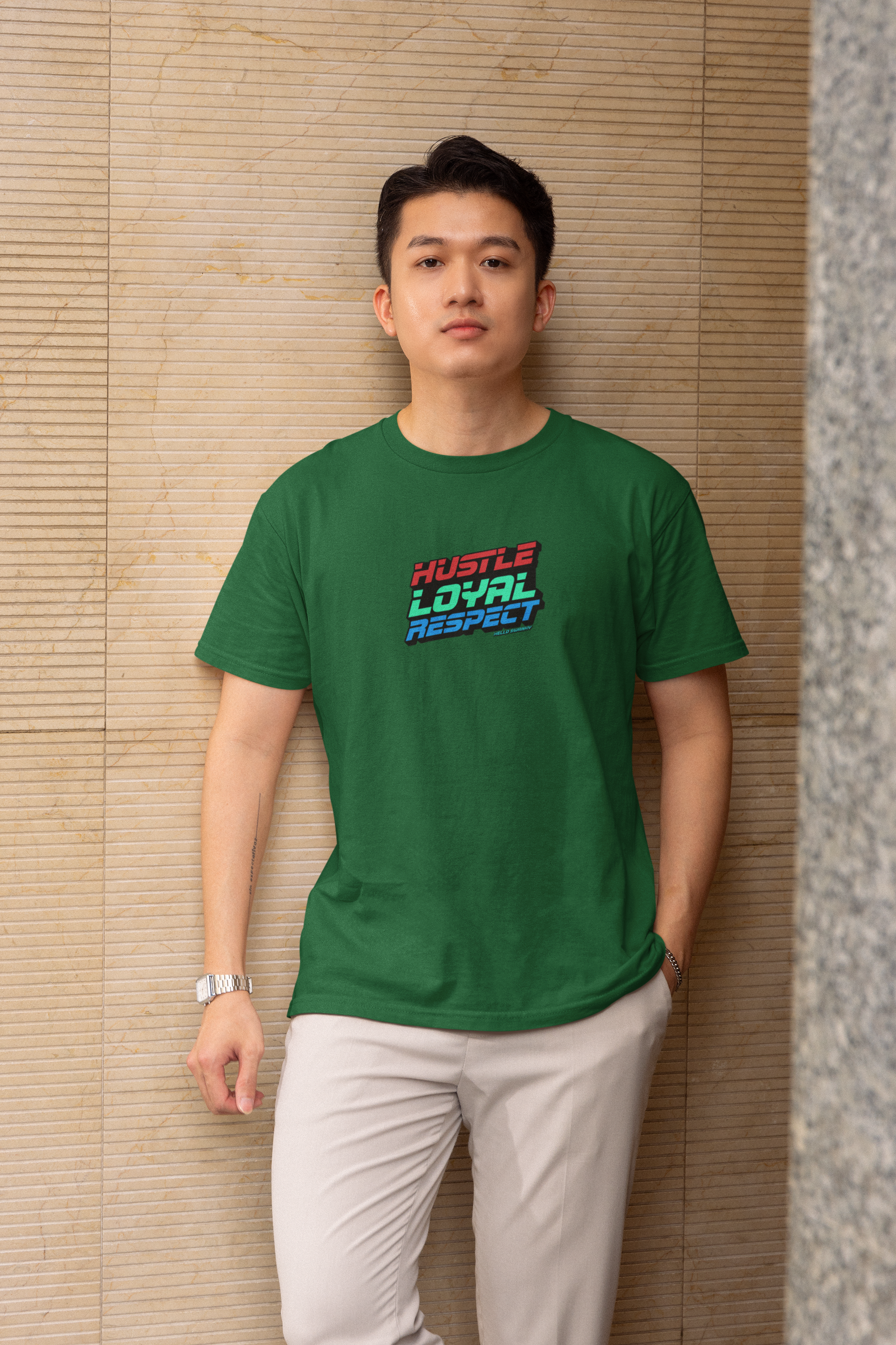 Hustle loyal respect half sleeve bottle green round neck t-shirt for men hello