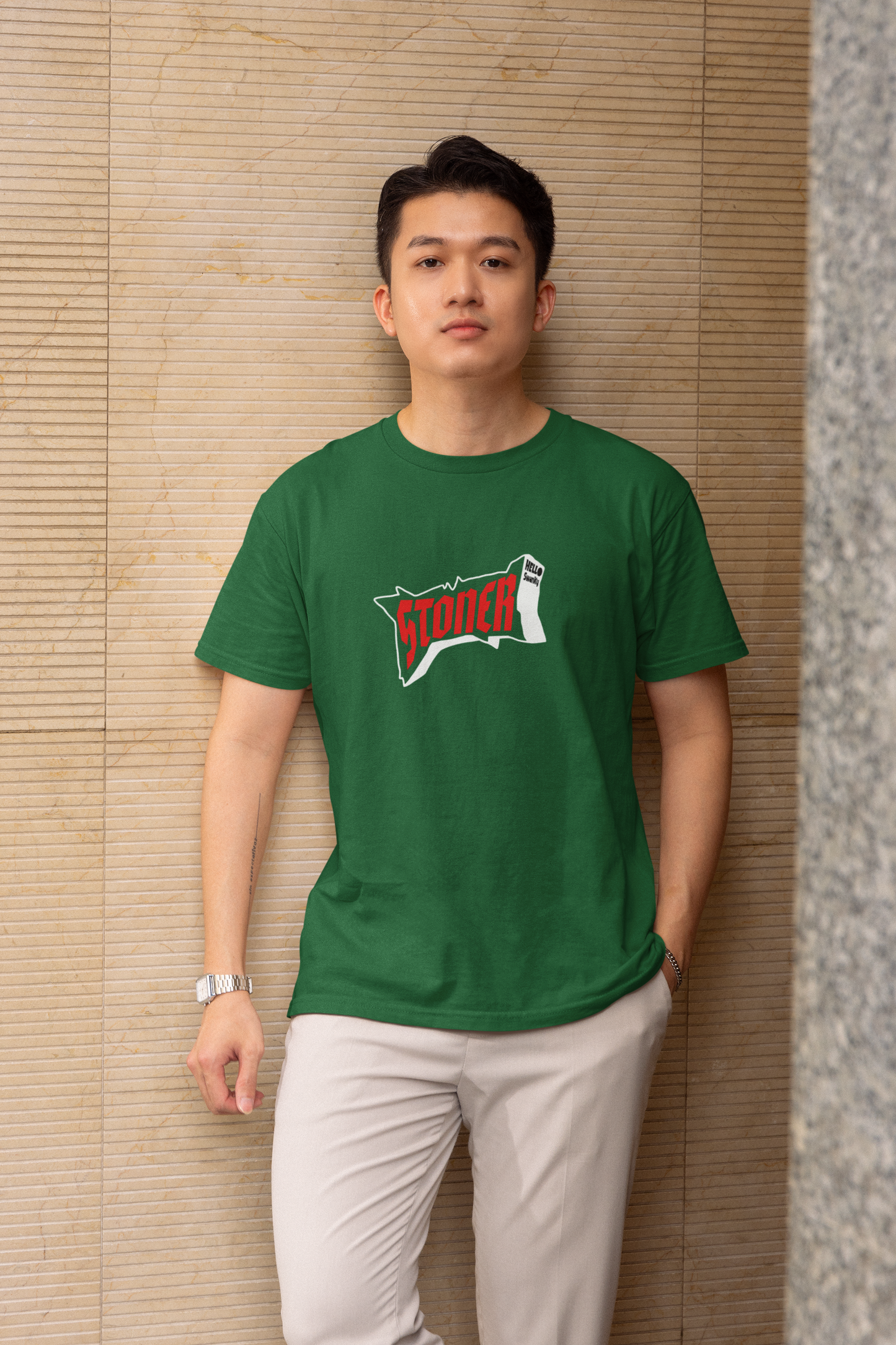 Stoner Bottle Green Round Neck T-Shirt Bold Casual Wear Tee