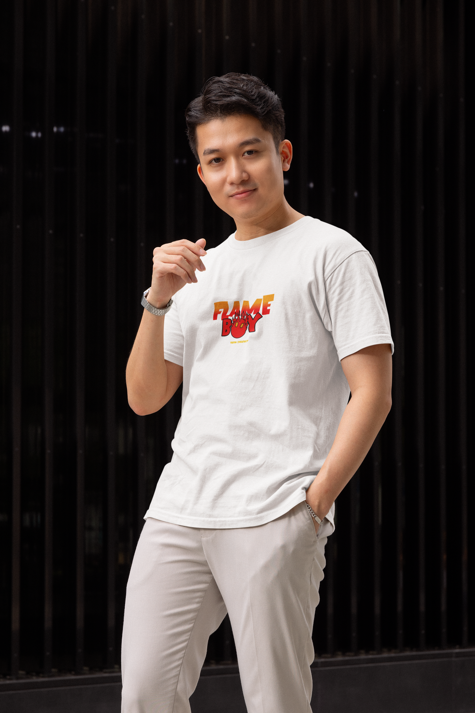 Flame boy half sleeve white round neck t-shirt for men by hello swanky - s