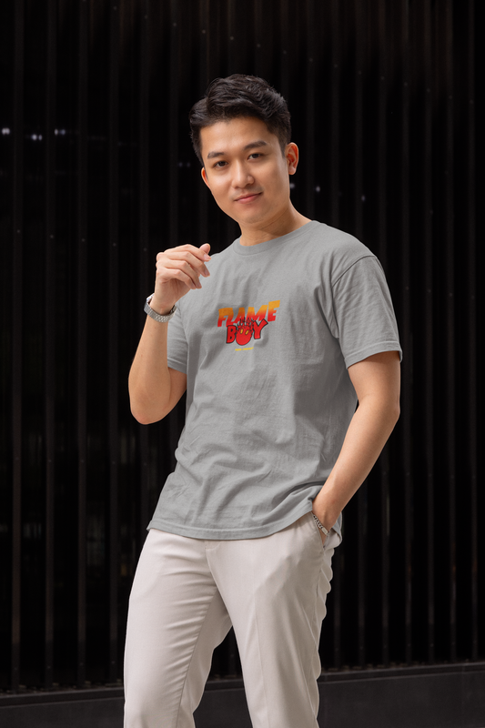 Flame boy half sleeve grey round neck t-shirt for men by hello swanky - s