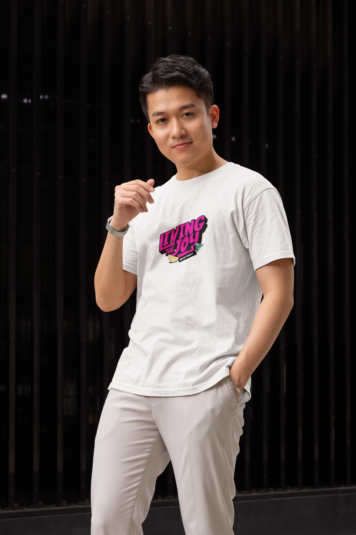 Living the Joy White Half Sleeve Round Neck T-Shirt for Men