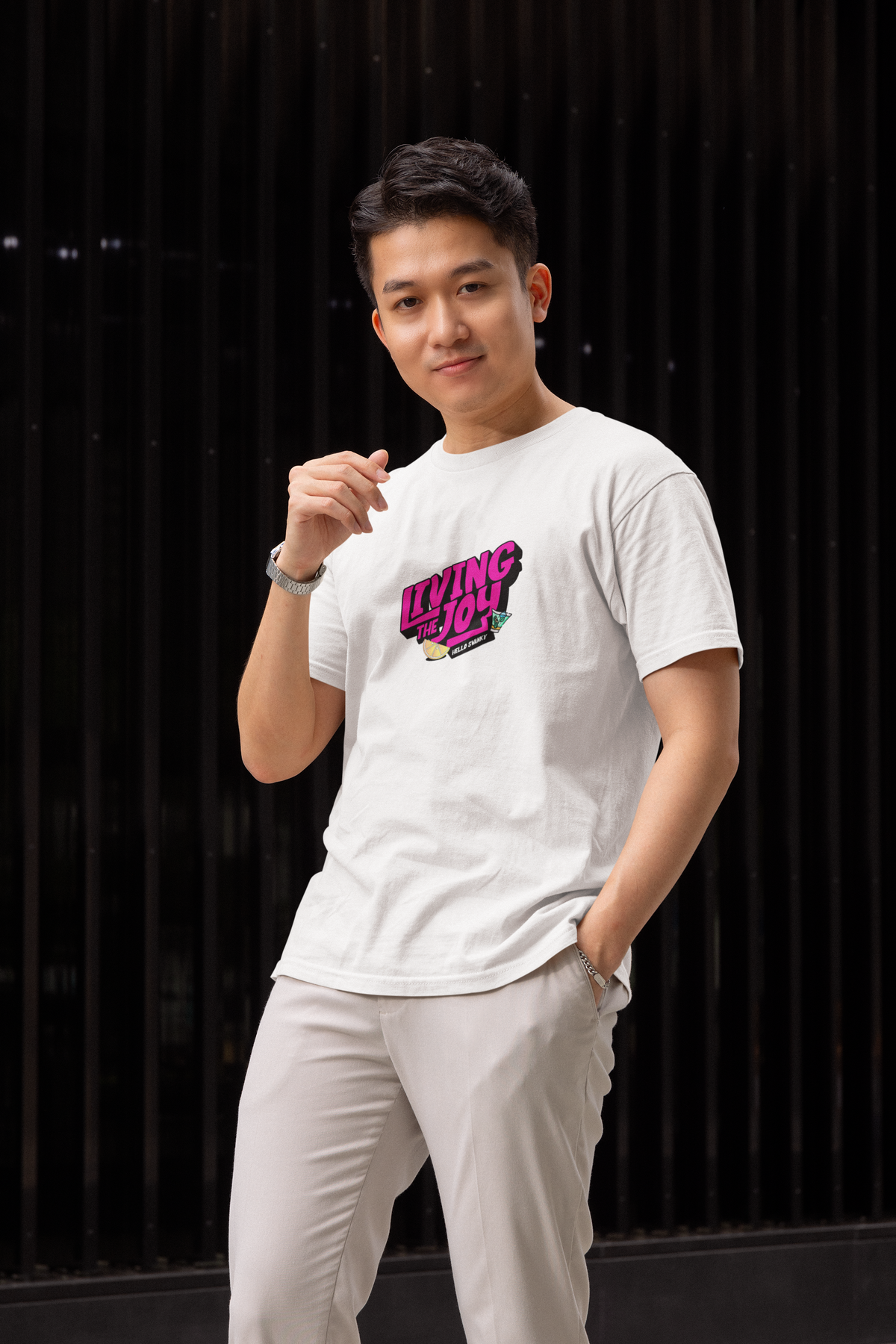 Living the Joy Half Sleeve White Round Neck T-Shirt for Men Hello Swanky