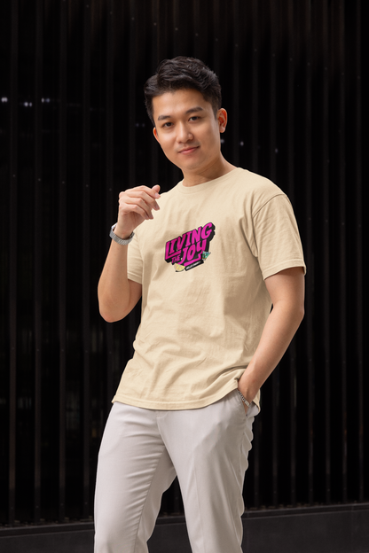 Living the Joy Half Sleeve Beige Round Neck T-Shirt for Men