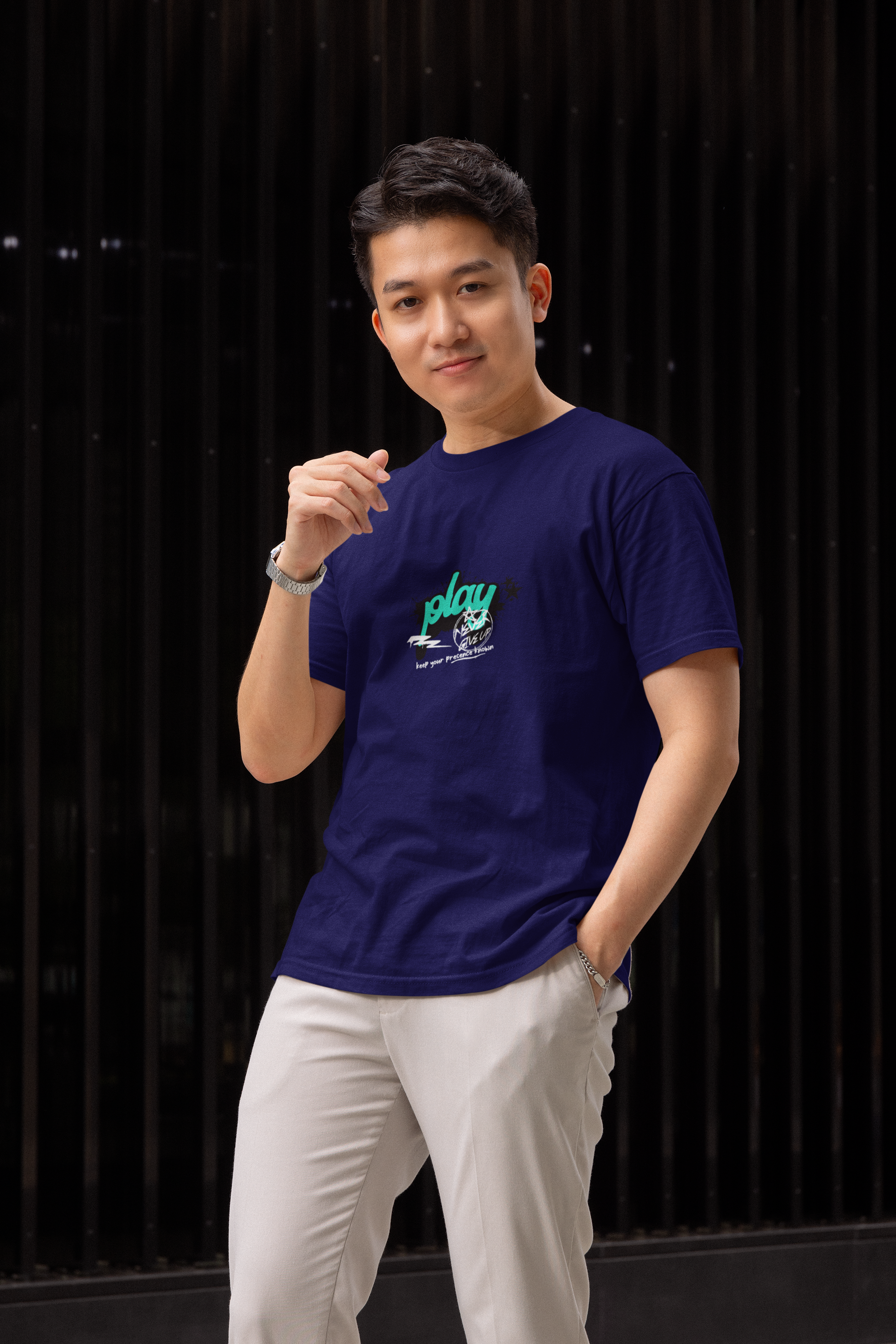 Play half sleeve navy blue round neck t-shirt for men hello swanky - s
